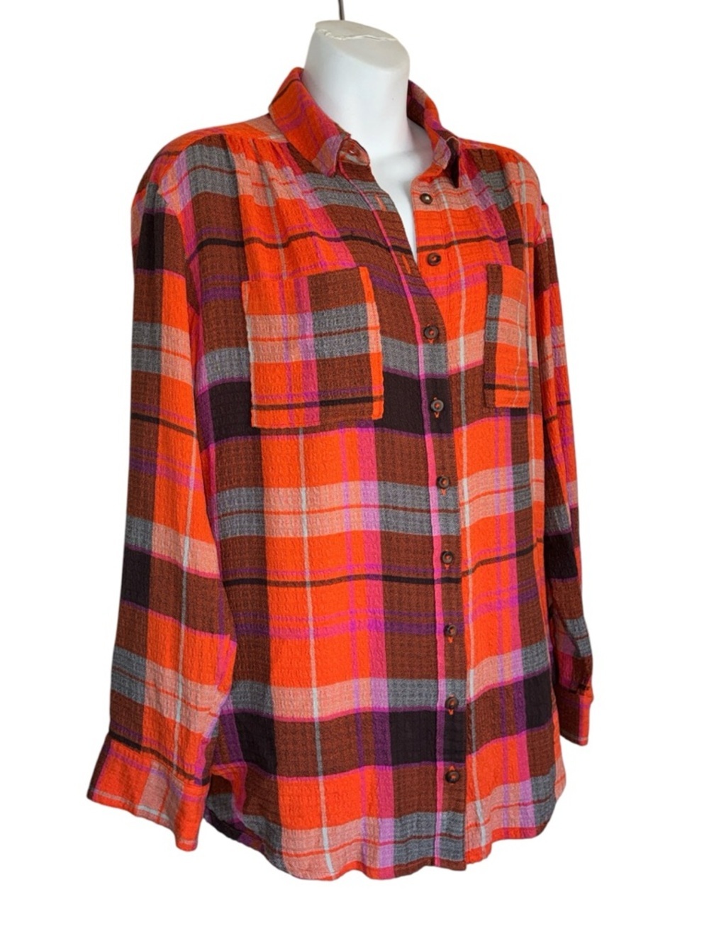 Pilcro Buttondown Shirt, Women's, S, EUC, in colorful Orange & Pink Plaid